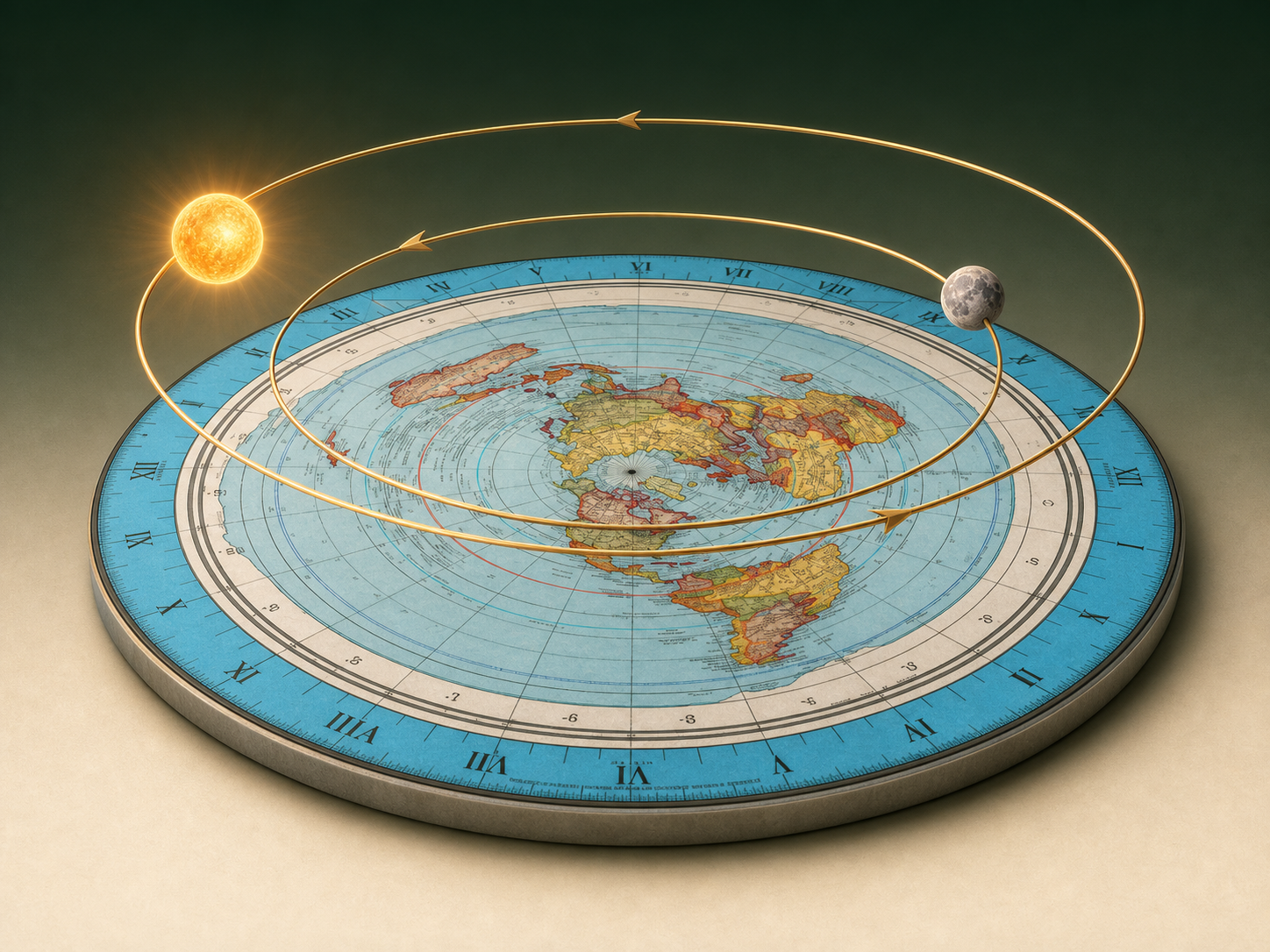 Mapa de Gleason como una superficie plana con las trayectorias circulares del Sol y la Luna encima